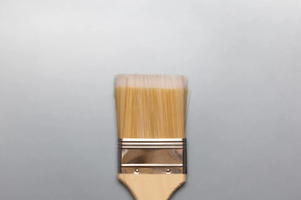 A wide, clean paint brush with a wooden handle on a pale grey background